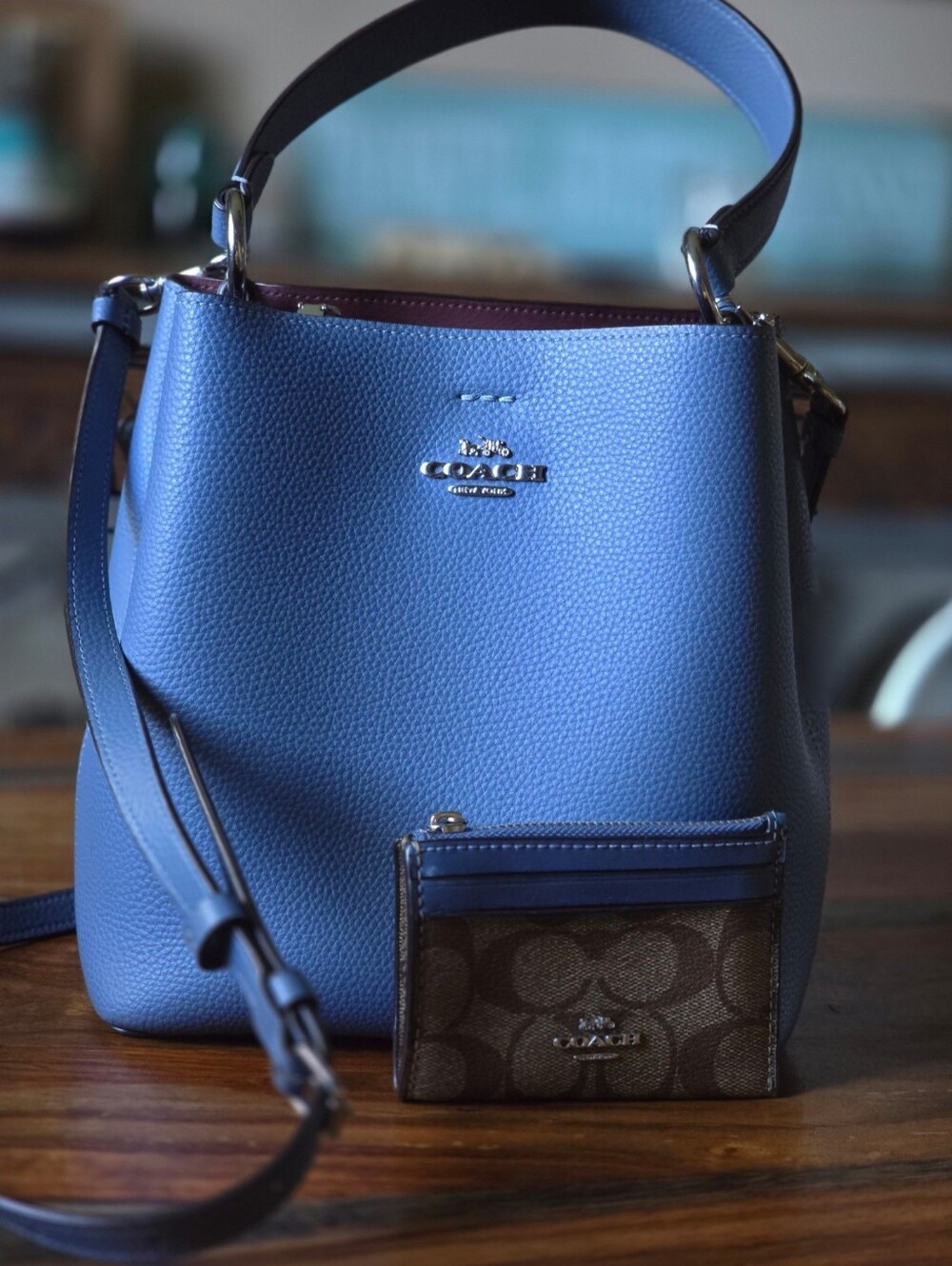 Coach Small Town Bucket Mini Bag and Wallet Combo Pebble Leather Stone Blue <3